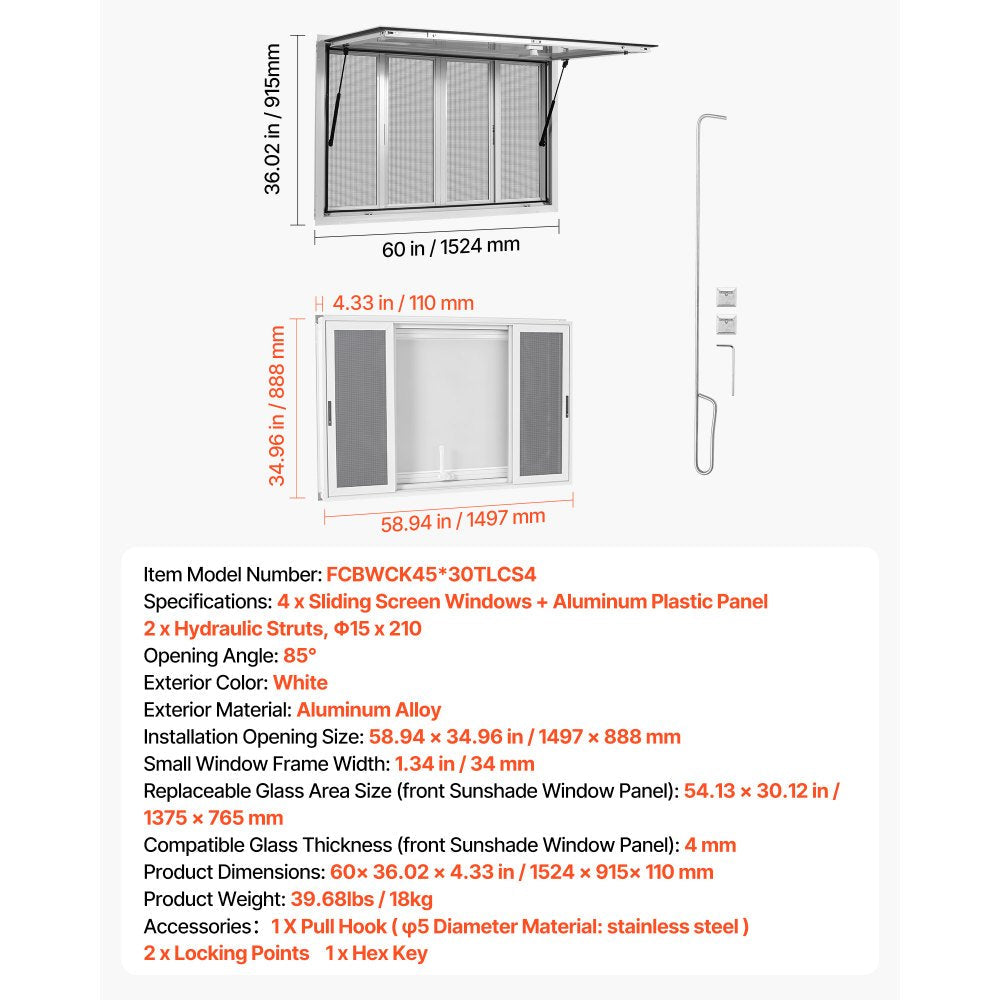 Vevor Concession Window 60" x 36" Aluminum Alloy Frame Service Window for Food Truck with 4 Sliding Screen Windows New