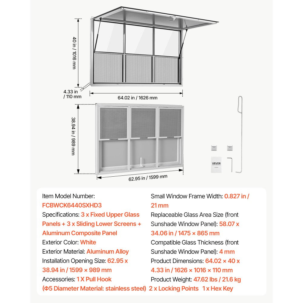 Vevor Concession Window 64" x 40" Aluminum Alloy Service Window for Food Truck New
