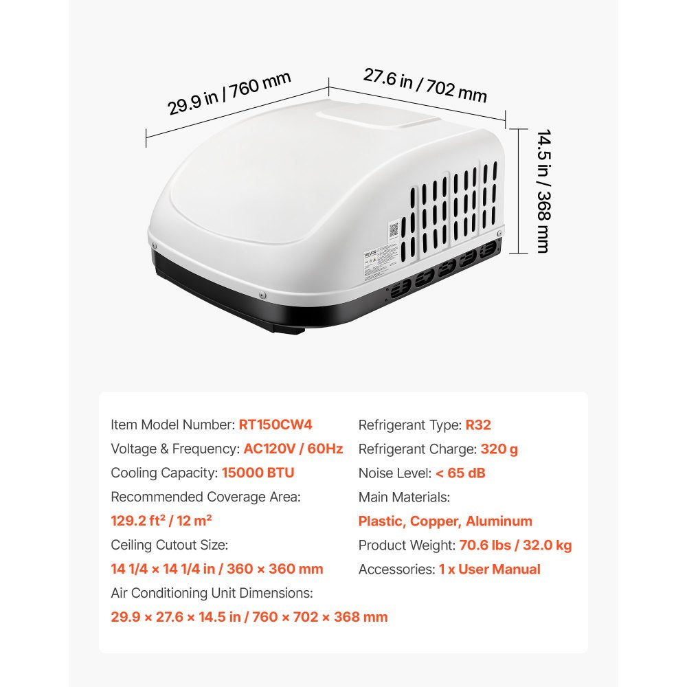 Vevor RV Air Conditioner 15,000 BTU 120V Ducted or Non-Ducted Rooftop AC White New