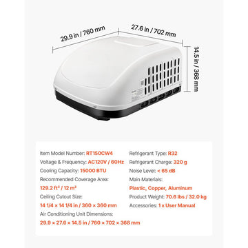 Vevor RV Air Conditioner 15,000 BTU 120V Ducted or Non-Ducted Rooftop AC White New
