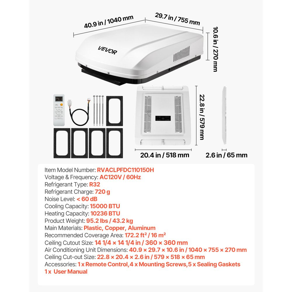 Vevor RV Air Conditioner 15,000 BTU 120V Non-Ducted Rooftop Heat Pump White New