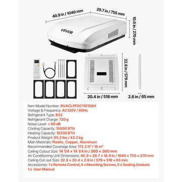 Vevor RV Air Conditioner 15,000 BTU 120V Non-Ducted Rooftop Heat Pump White New