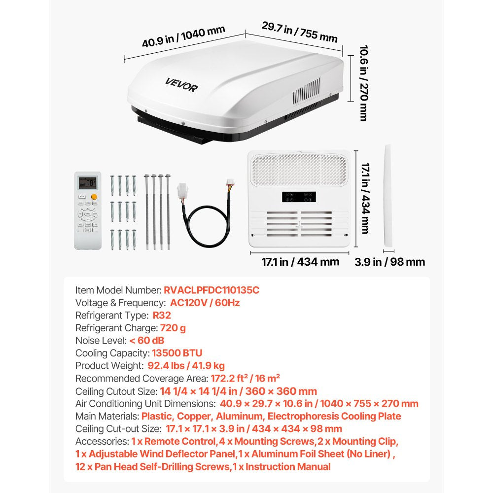 Vevor RV Air Conditioner 13,500 BTU 120V Ducted Rooftop AC Unit with Remote Control White New
