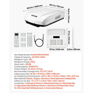 Vevor RV Air Conditioner 13,500 BTU 120V Ducted Rooftop AC Unit with Remote Control White New