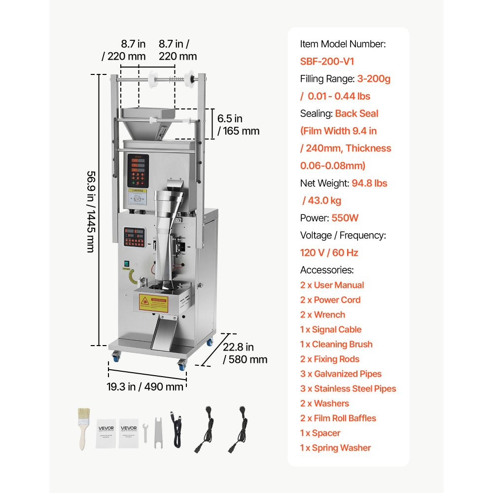 Vevor Powder Filling and Sealing Machine Automatic Granule Packaging Machine 3-200g Silver New