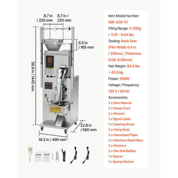 Vevor Powder Filling and Sealing Machine Automatic Granule Packaging Machine 3-200g Silver New