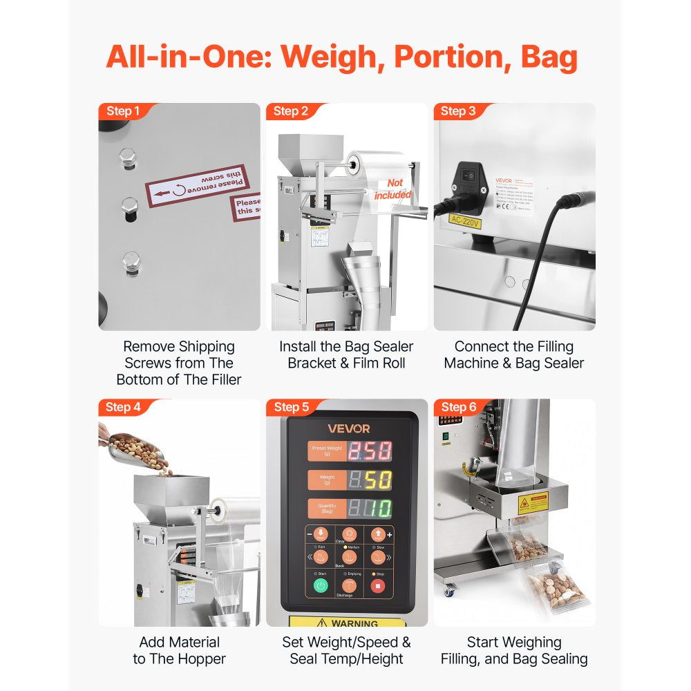Vevor Powder Filling and Sealing Machine Automatic 10-500g Granule Packaging Machine New