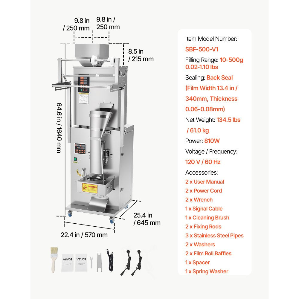 Vevor Powder Filling and Sealing Machine Automatic 10-500g Granule Packaging Machine New