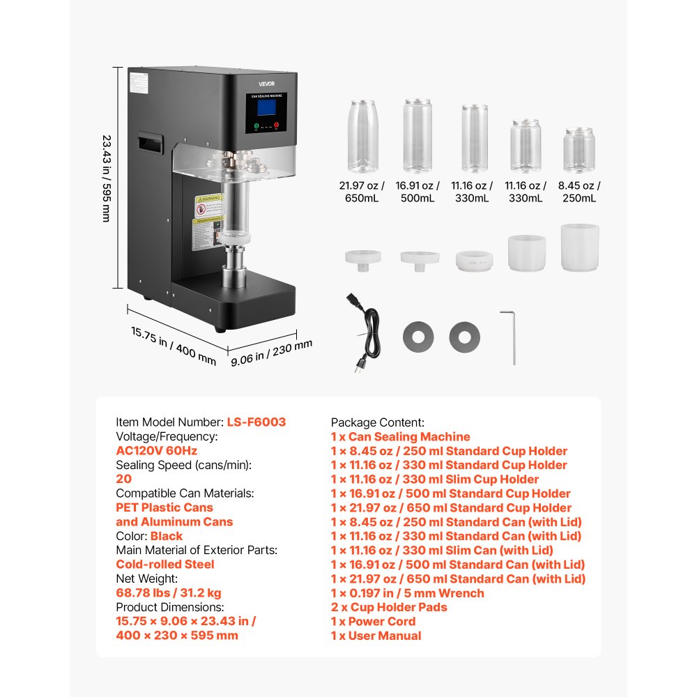 Vevor Can Sealer Machine Automatic Commercial Soda Can Sealing Machine 2.17" Black New