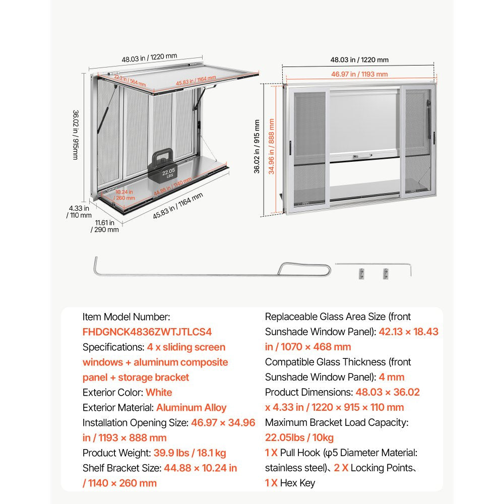 Vevor Concession Window Folding Shelf 48" x 36" Aluminum Alloy Service Window for Food Truck New