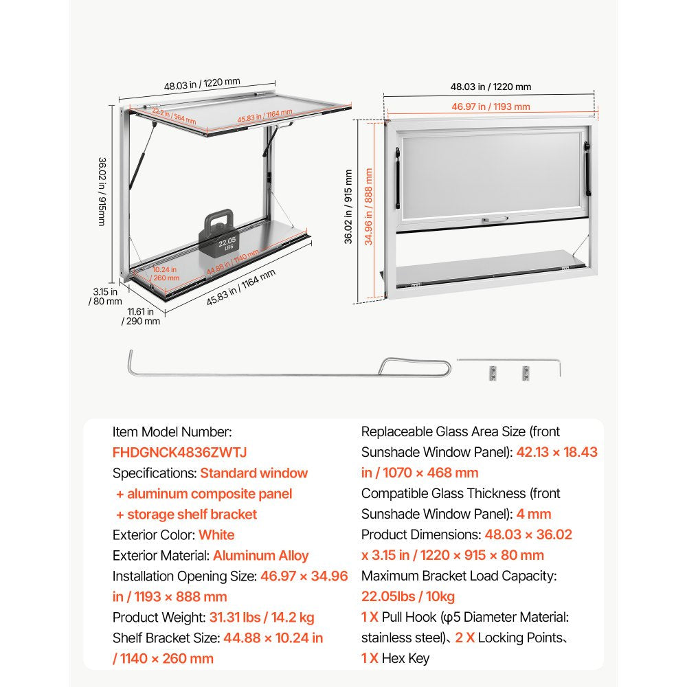 Vevor Concession Window 48" x 36" Aluminum Alloy Service Window for Food Truck with Folding Shelf New