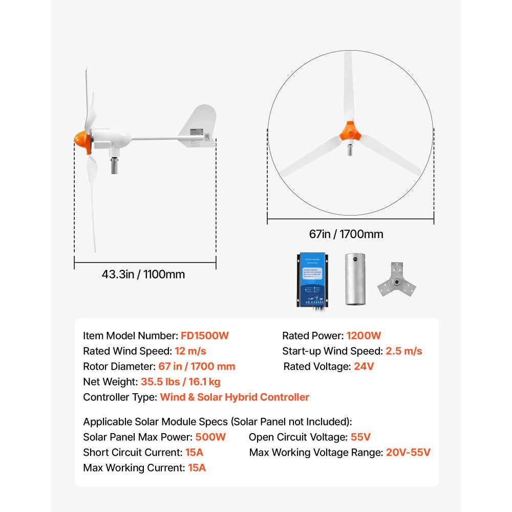 Vevor Wind Turbine Generator 1200W 24V 3-Blade Kit with Wind/Solar Hybrid Controller New