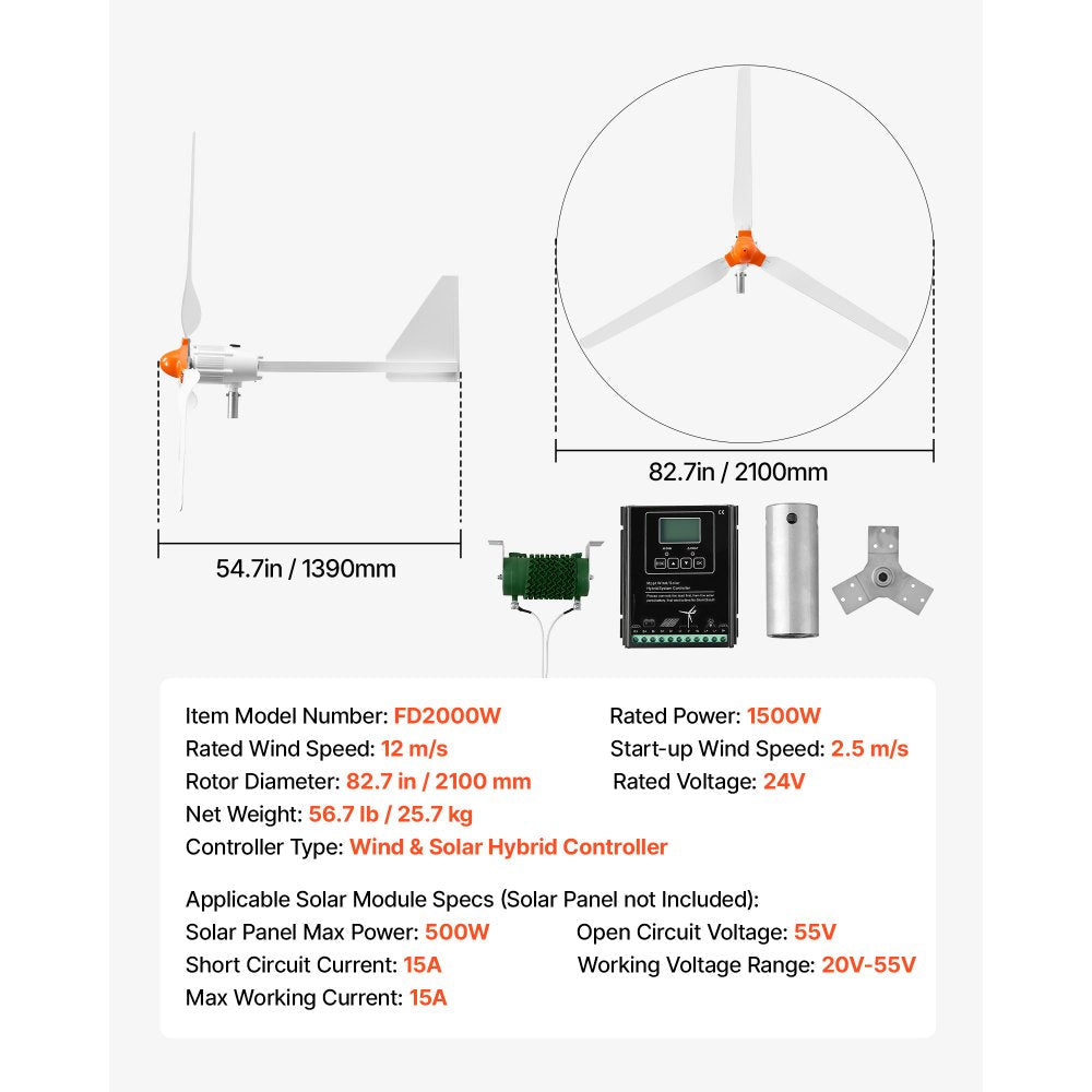 Vevor Wind Turbine Generator 1500W 24V 3-Blade Kit with Wind/Solar Hybrid Controller New