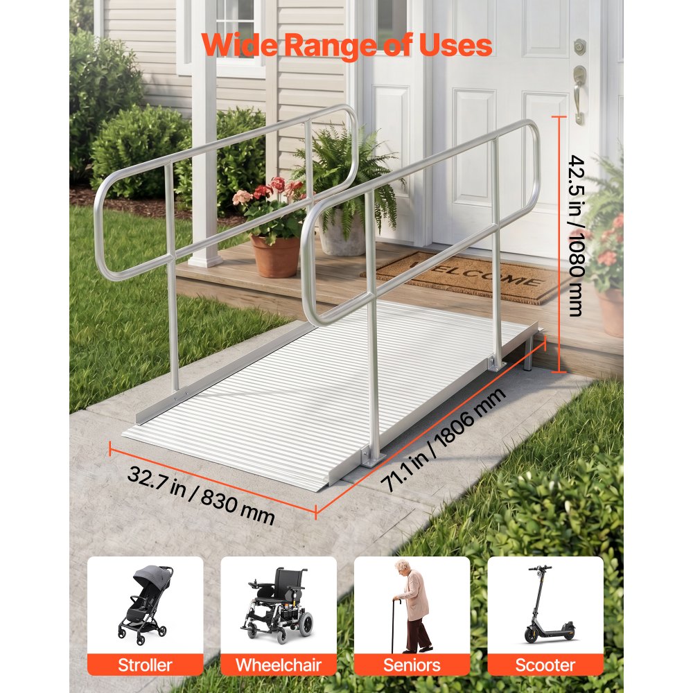 Vevor Wheelchair Ramp with Handrails 71.1" x 32.7" Aluminum Portable Threshold Ramp New