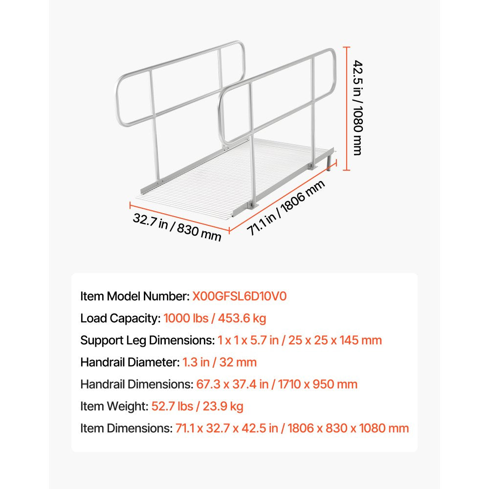 Vevor Wheelchair Ramp with Handrails 71.1" x 32.7" Aluminum Portable Threshold Ramp New
