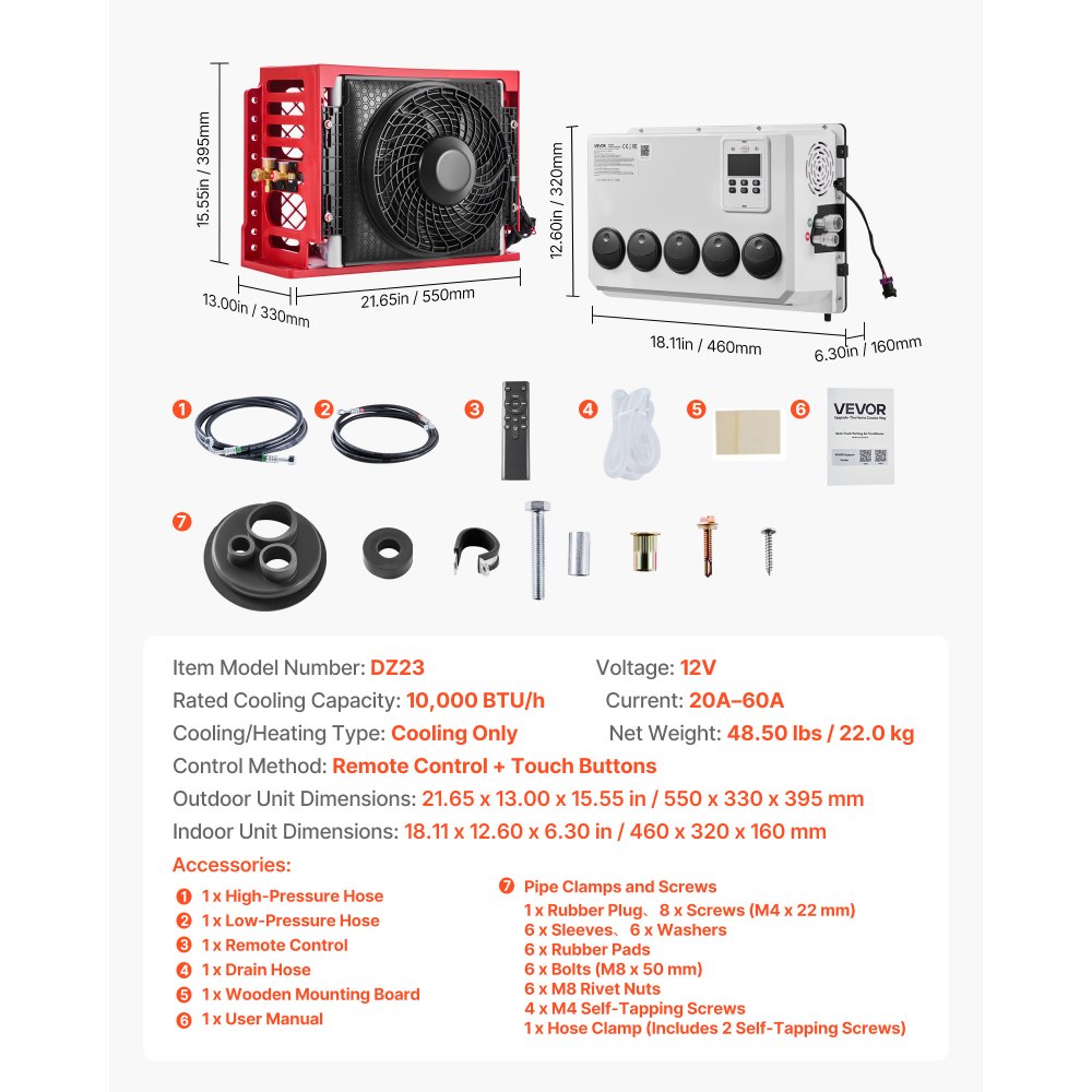 Vevor Truck Air Conditioner 12V 10,000 BTU Mini Split Cab AC Unit New
