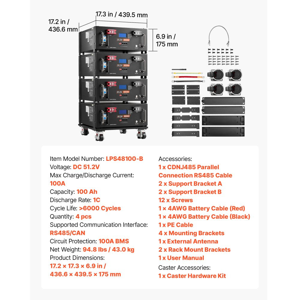 Vevor Server Rack Battery 48V 100Ah LiFePO4 Lithium Battery with Bluetooth Display 5120Wh 4 Pack New