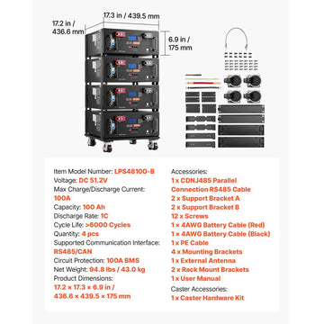 Vevor Server Rack Battery 48V 100Ah LiFePO4 Lithium Battery with Bluetooth Display 5120Wh 4 Pack New