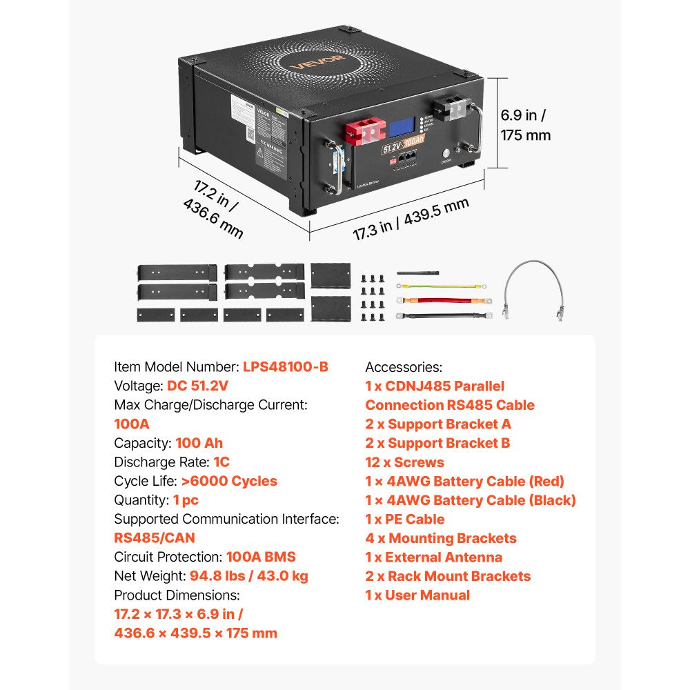 Vevor Server Rack Battery 48V 100Ah LiFePO4 Lithium Battery with 100A BMS Bluetooth LCD Display 5120Wh New