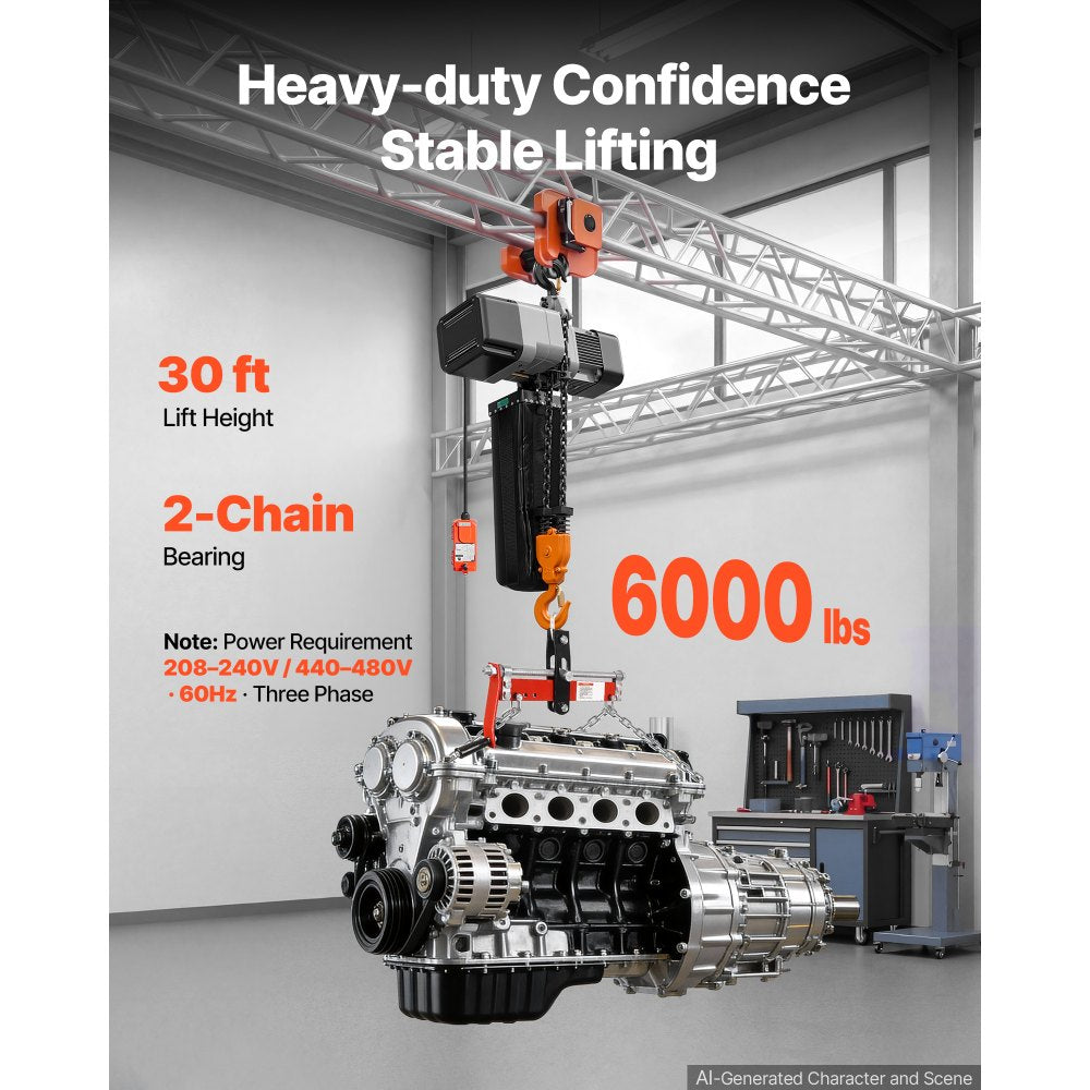 Vevor Electric Chain Hoist 6000 lbs 30' Three-Phase Overhead Crane with Wireless & Wired Remote New