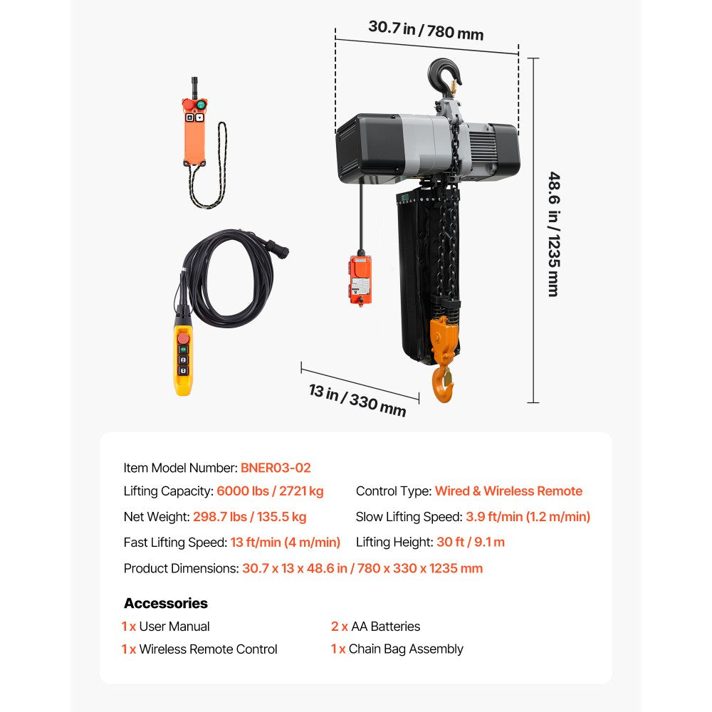 Vevor Electric Chain Hoist 6000 lbs 30' Three-Phase Overhead Crane with Wireless & Wired Remote New