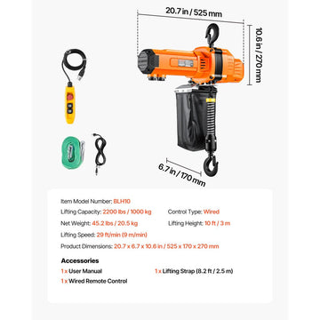 Vevor Electric Chain Hoist 2200 lbs 10' Wired Remote Overhead Crane New