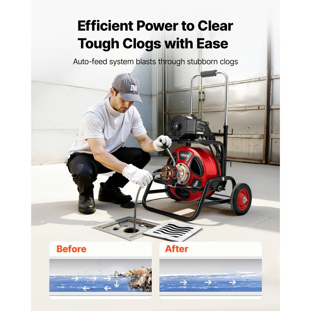 Vevor Drain Cleaner Machine Portable Auto Feed Sewer Snake Auger 100' x 1/2" New