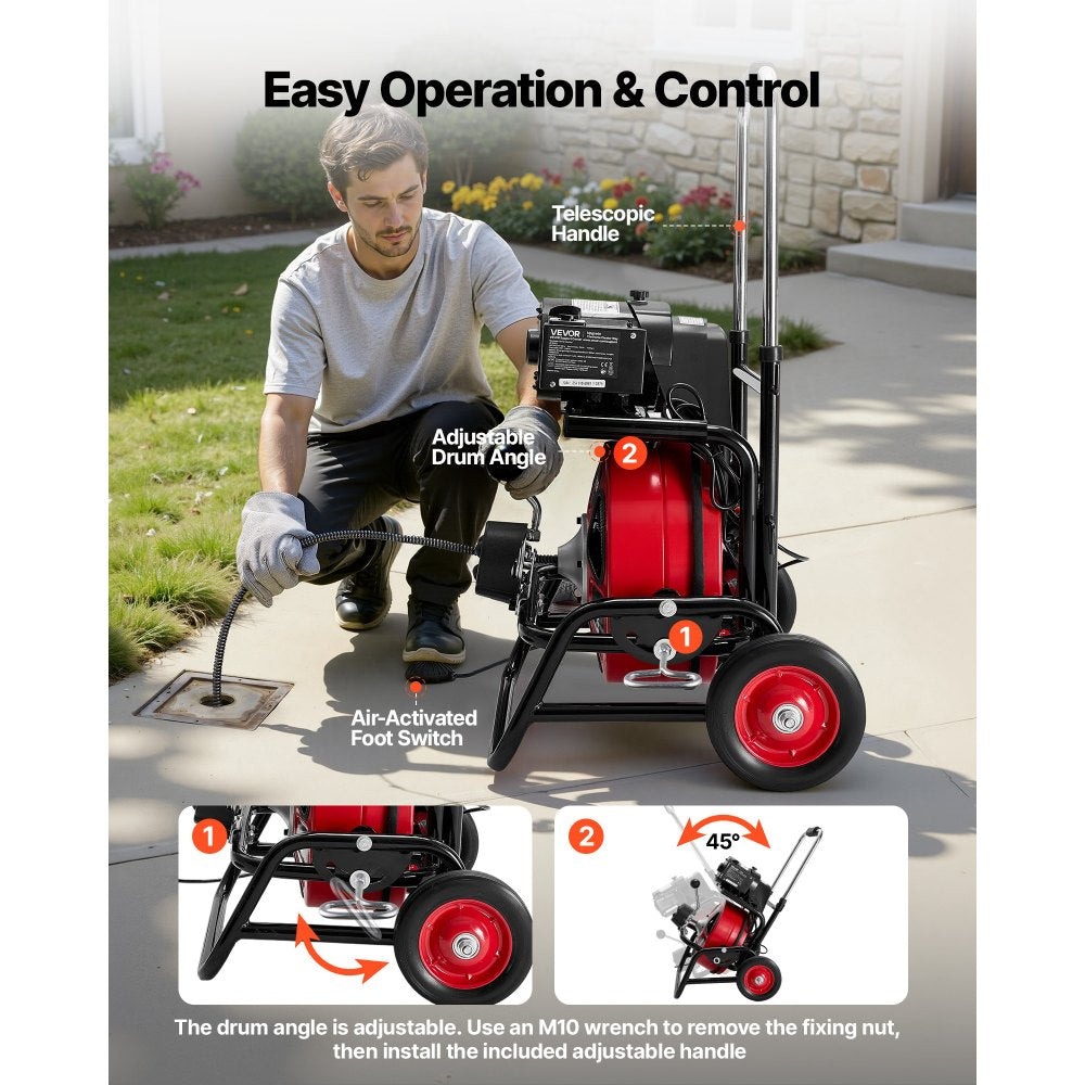 Vevor Drain Cleaner Machine Portable Auto Feed Sewer Snake Auger 100' x 1/2" New