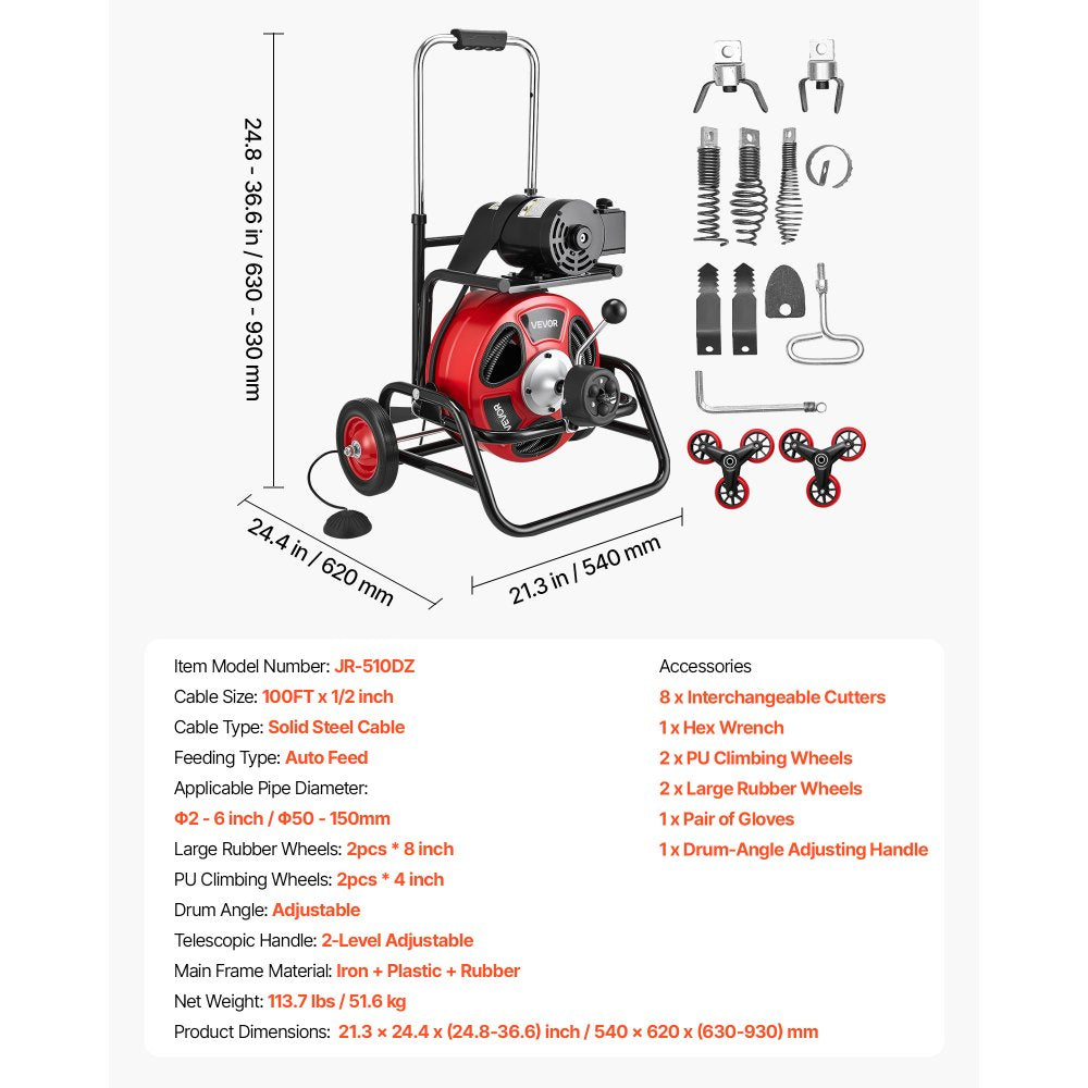 Vevor Drain Cleaner Machine Portable Auto Feed Sewer Snake Auger 100' x 1/2" New