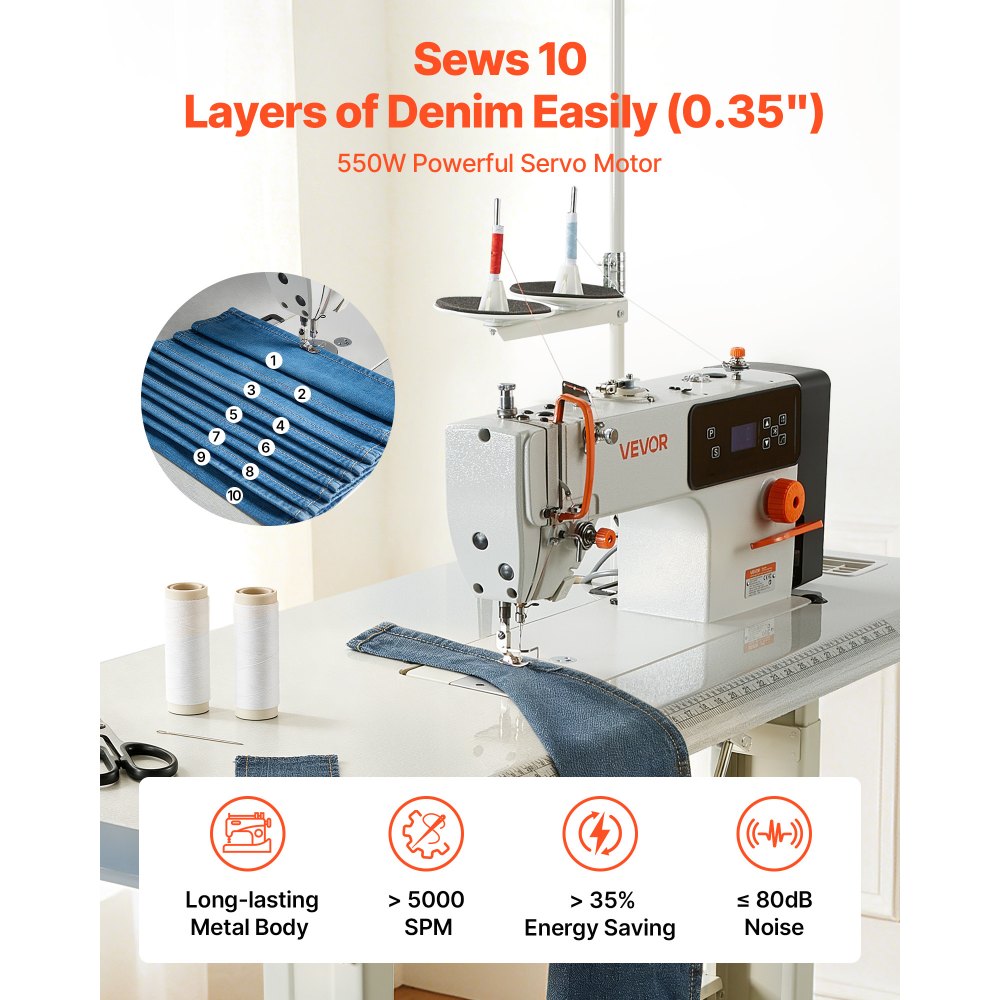 Vevor Industrial Sewing Machine 550W Lockstitch Sewing Machine Set with Servo Motor and Table Stand New