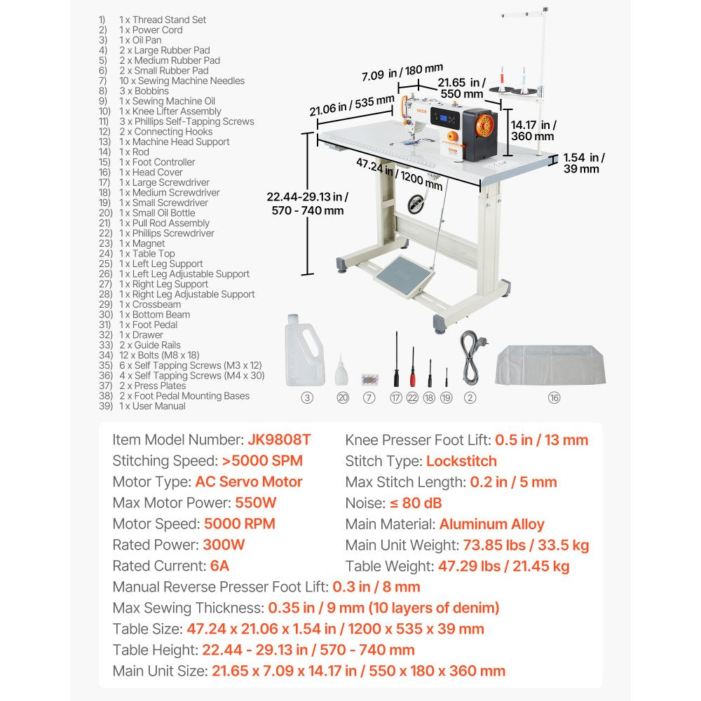 Vevor Industrial Sewing Machine 550W Lockstitch Sewing Machine Set with Servo Motor and Table Stand New