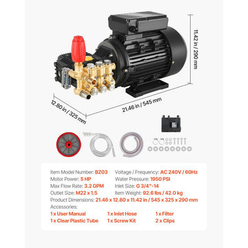 Vevor Pressure Washer Pump Kit Electric 1950 PSI 3.2 GPM Triplex with 5 HP Motor 240V New