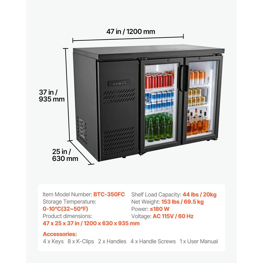 Vevor Back Bar Cooler 11.8 Cu. Ft Commercial Beverage Refrigerator with 2 Glass Doors New