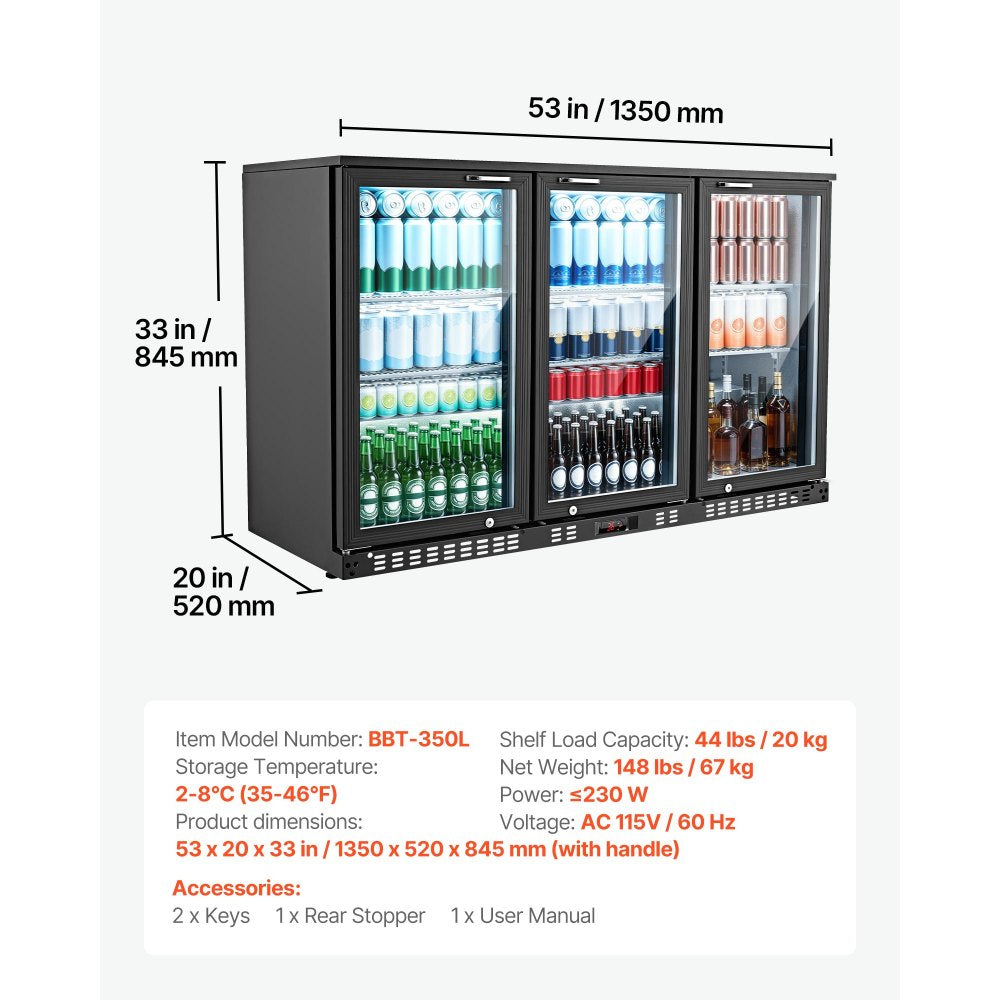 Vevor Back Bar Cooler 11.4 Cu. Ft. 3-Glass Door Commercial Beverage Refrigerator New