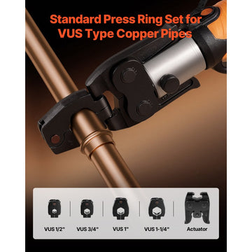 Vevor ProPress Kit 5-Piece Copper Pipe Pressing Set with 1/2"-1-1/4" Rings and R8 Actuator New