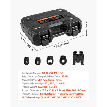 Vevor ProPress Kit 5-Piece Copper Pipe Pressing Set with 1/2"-1-1/4" Rings and R8 Actuator New