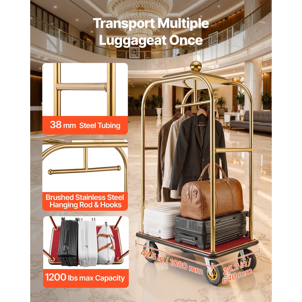 Vevor Hotel Luggage Cart Heavy-Duty Bellman Trolley 1200 lbs Gold New
