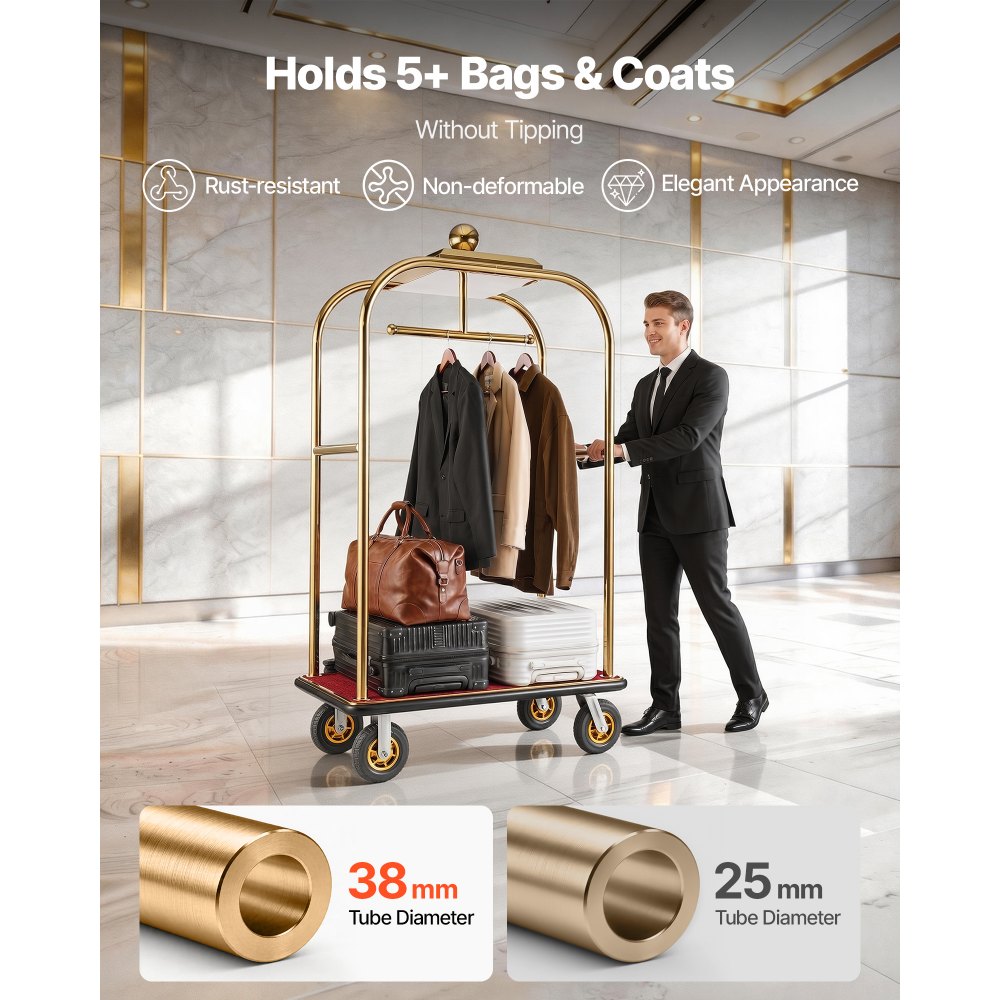 Vevor Hotel Luggage Cart Heavy-Duty Bellman Trolley 1200 lbs Gold New