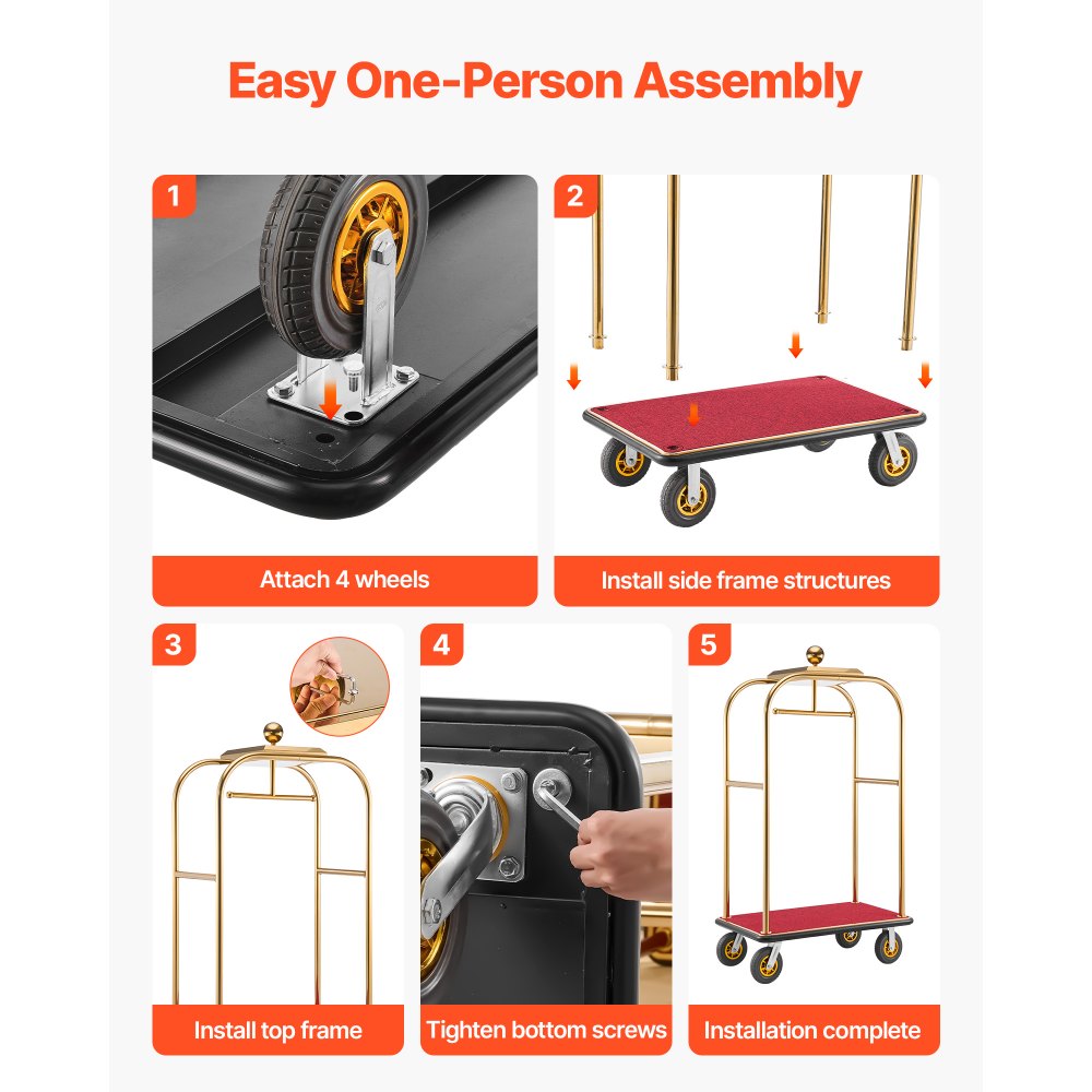 Vevor Hotel Luggage Cart Heavy-Duty Bellman Trolley 1200 lbs Gold New