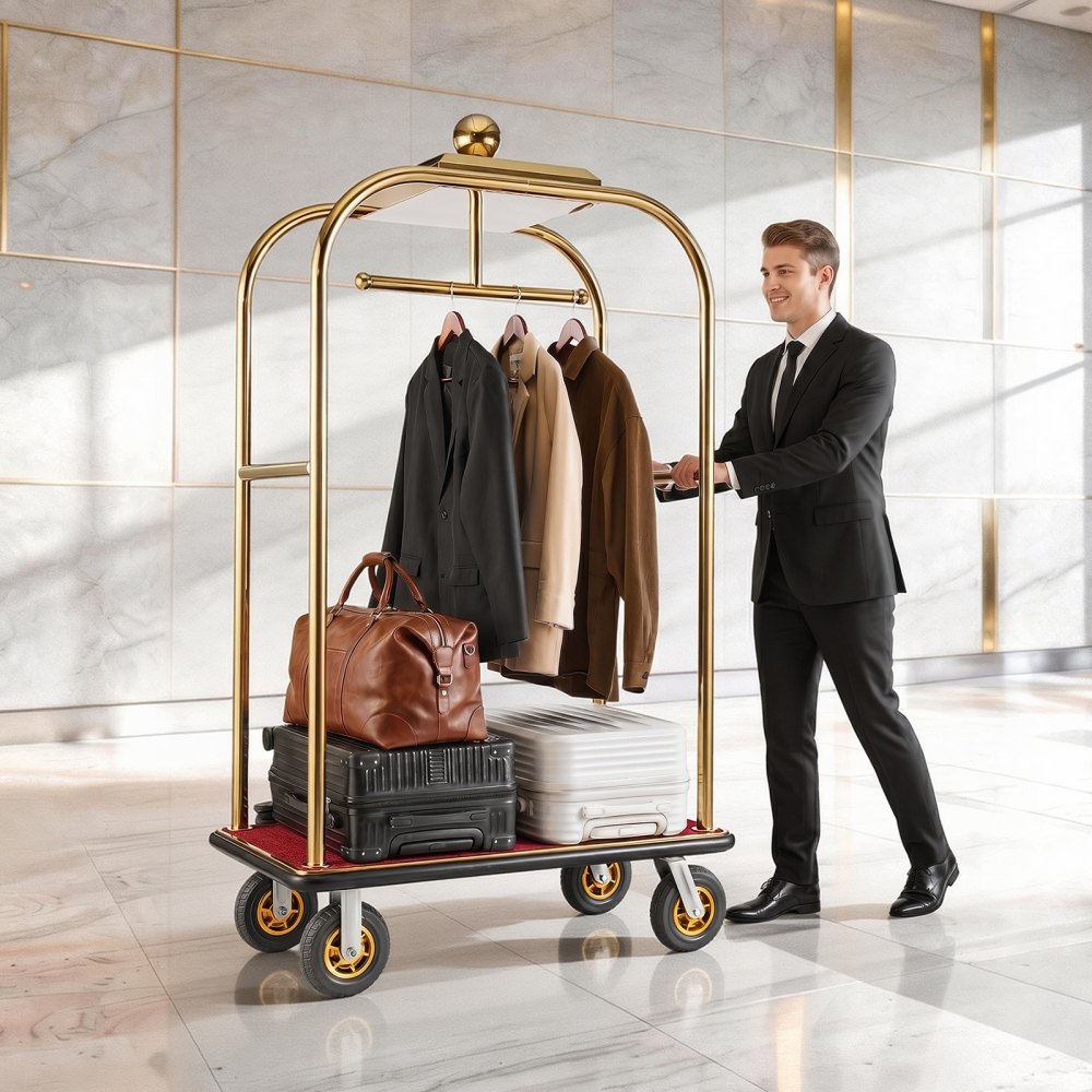 Vevor Hotel Luggage Cart Heavy-Duty Bellman Trolley 1200 lbs Gold New