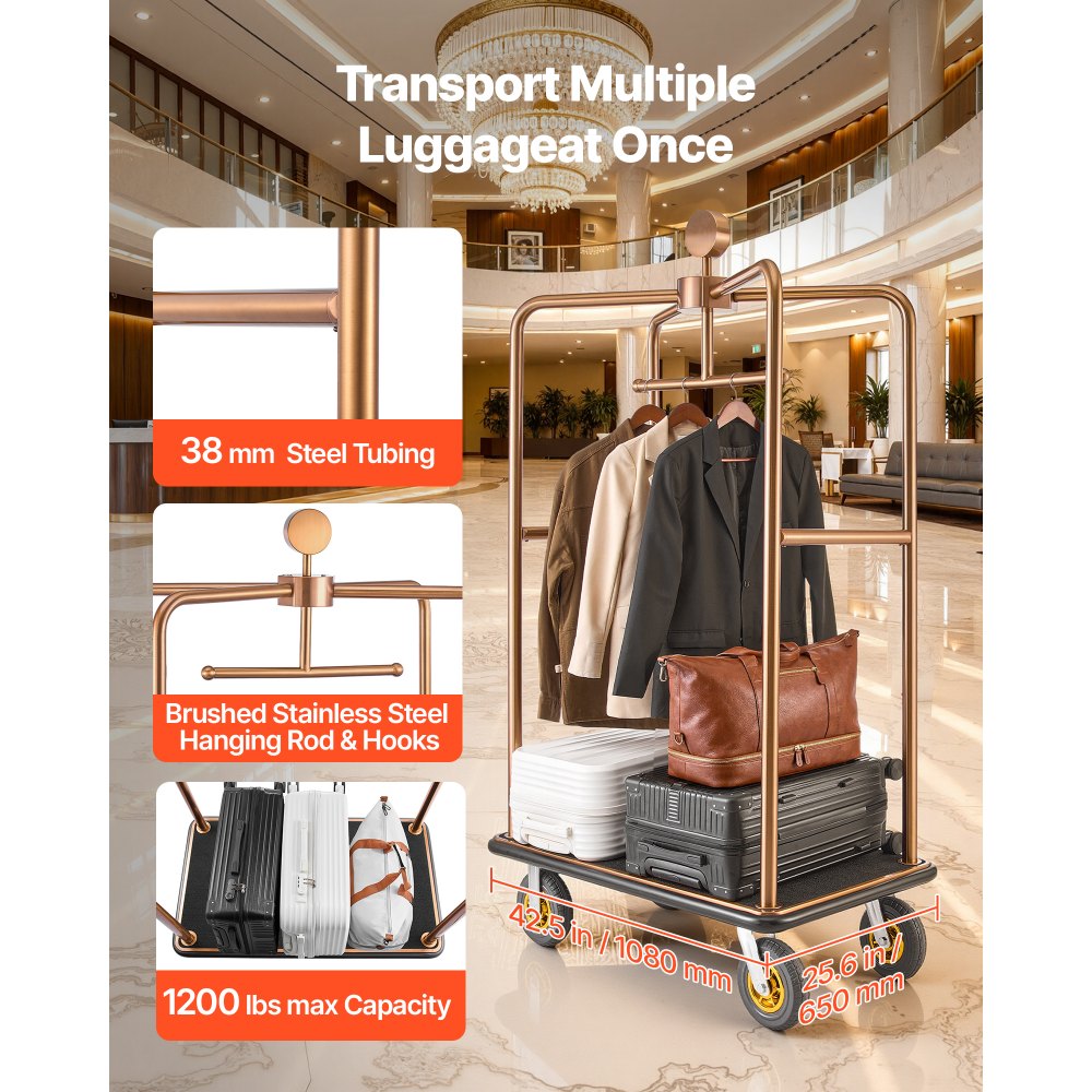 Vevor Hotel Luggage Cart Rose Gold Heavy-Duty Bellman Trolley New