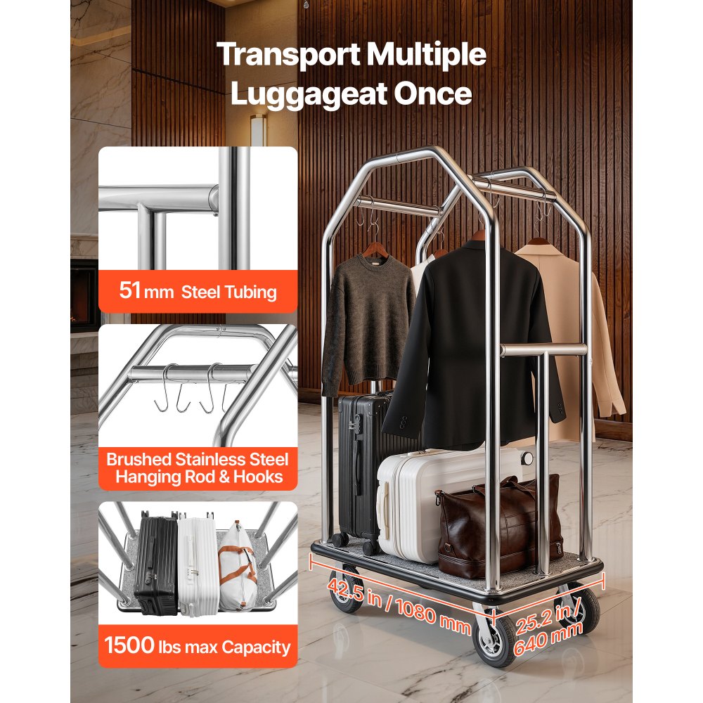 Vevor Bellman Cart Hotel Luggage Cart 1500 lbs Stainless Steel Silver New