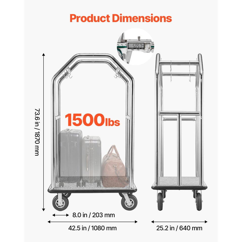 Vevor Bellman Cart Hotel Luggage Cart 1500 lbs Stainless Steel Silver New