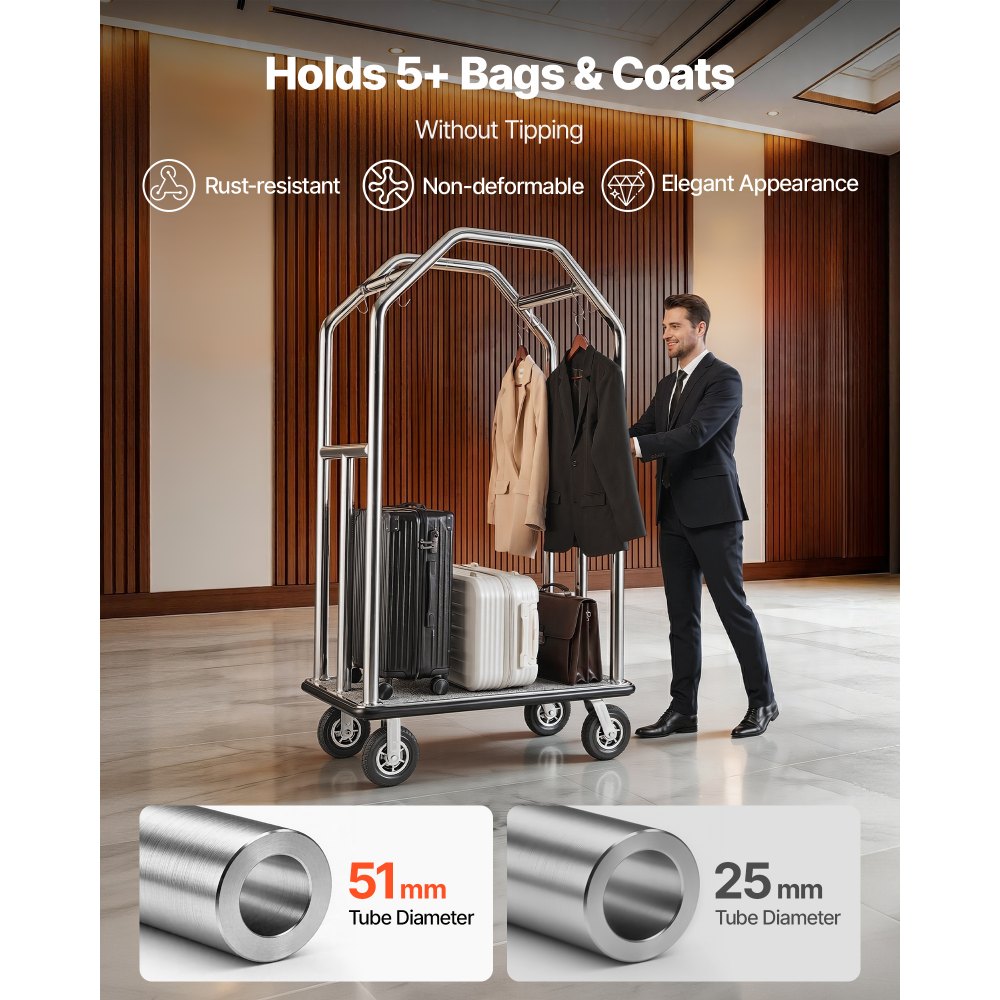 Vevor Bellman Cart Hotel Luggage Cart 1500 lbs Stainless Steel Silver New