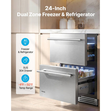 Vevor Drawer Refrigerator 24" Undercounter Fridge Freezer Combo New