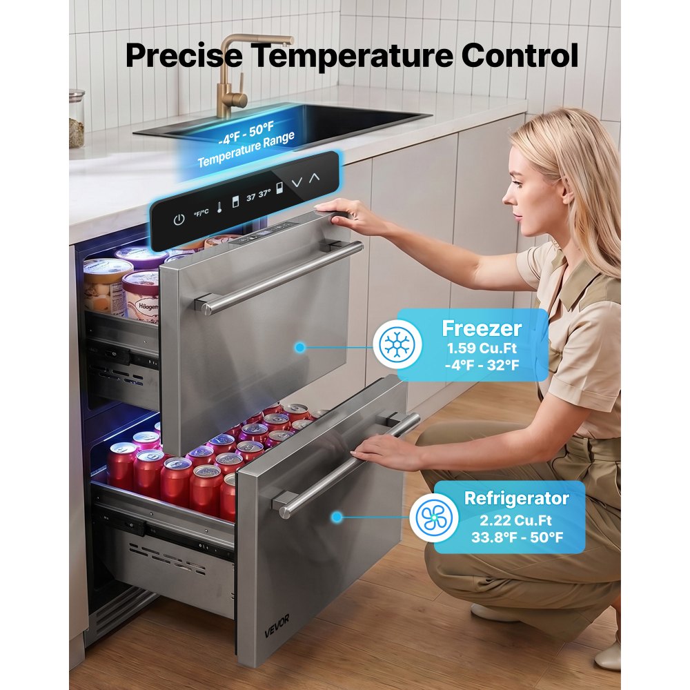 Vevor Drawer Refrigerator 24" Undercounter Fridge Freezer Combo New