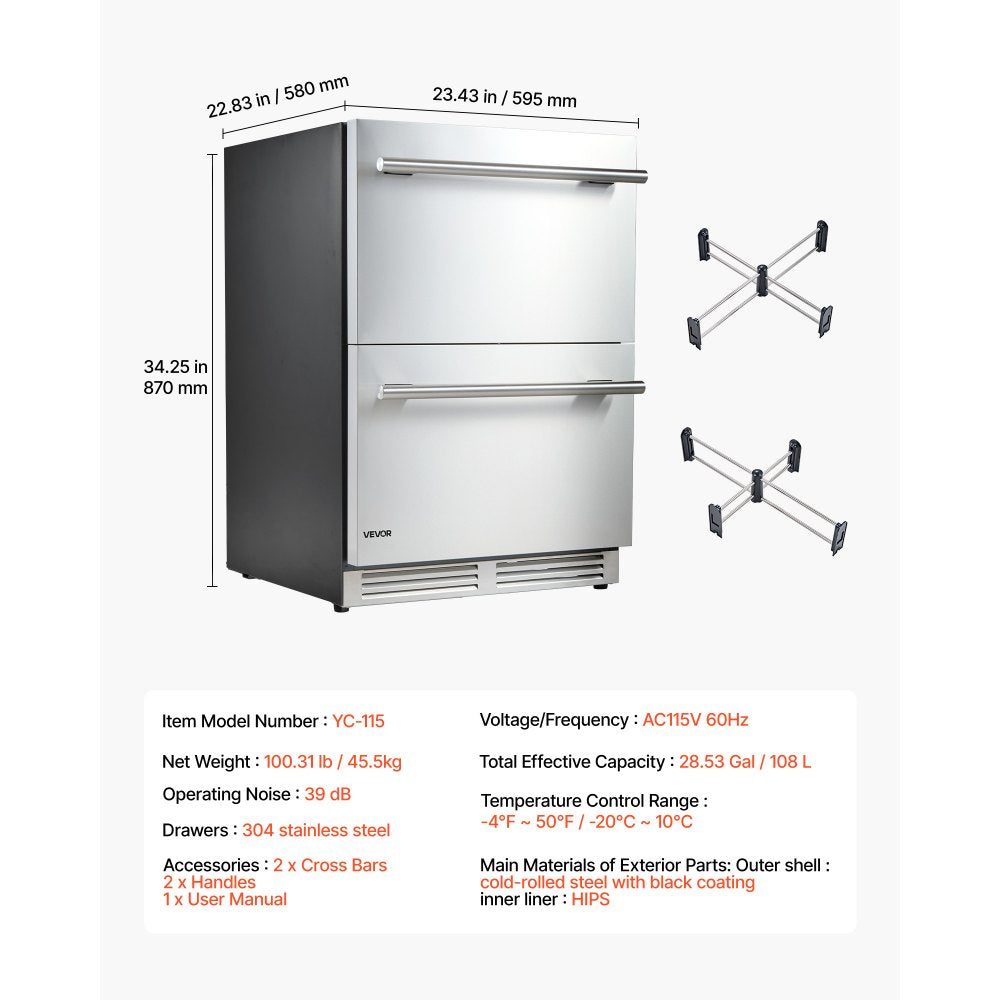 Vevor Drawer Refrigerator 24" Undercounter Fridge Freezer Combo New