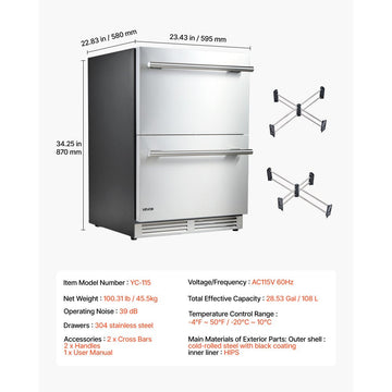 Vevor Drawer Refrigerator 24" Undercounter Fridge Freezer Combo New