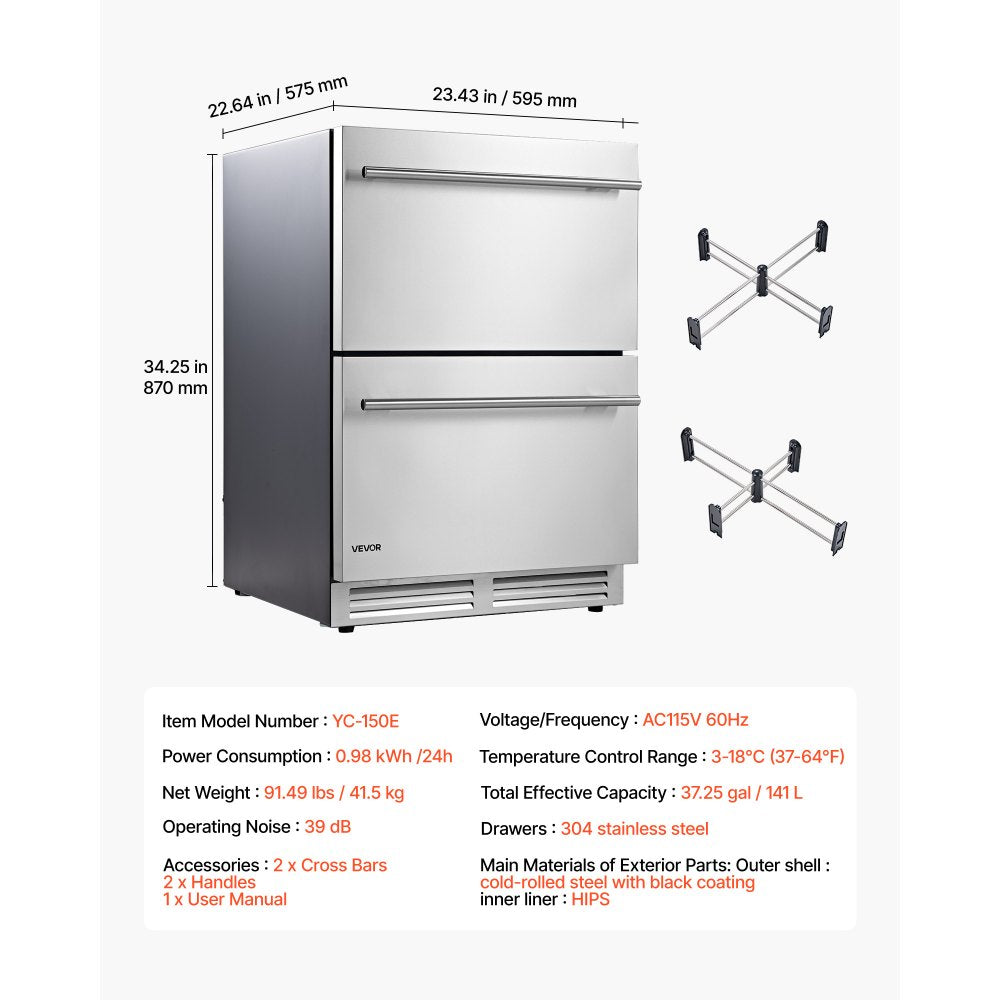 Vevor Drawer Refrigerator 24" Undercounter Beverage Fridge New