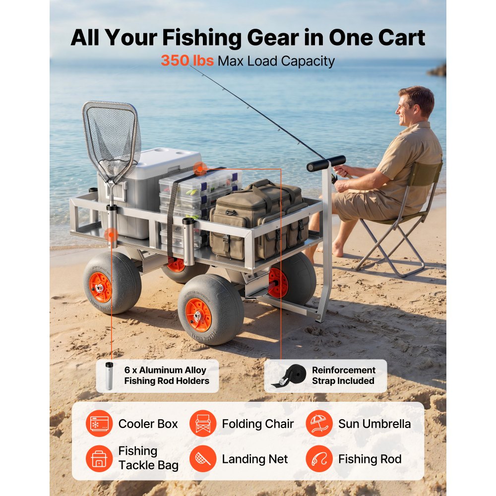 Vevor Fishing Cart Foldable Beach Cart with 13" All-Terrain PU Balloon Tires 350 lbs Capacity New